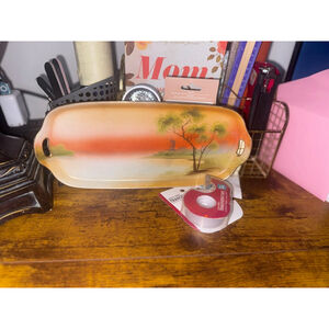 Vintage Japan tray windmill scene orange scenic, pattern, trees ￼